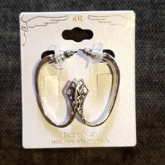 Silver Open Oval Hoop Dangle Earrings Black Swirl Design Designer Look New - Picture 1 of 4